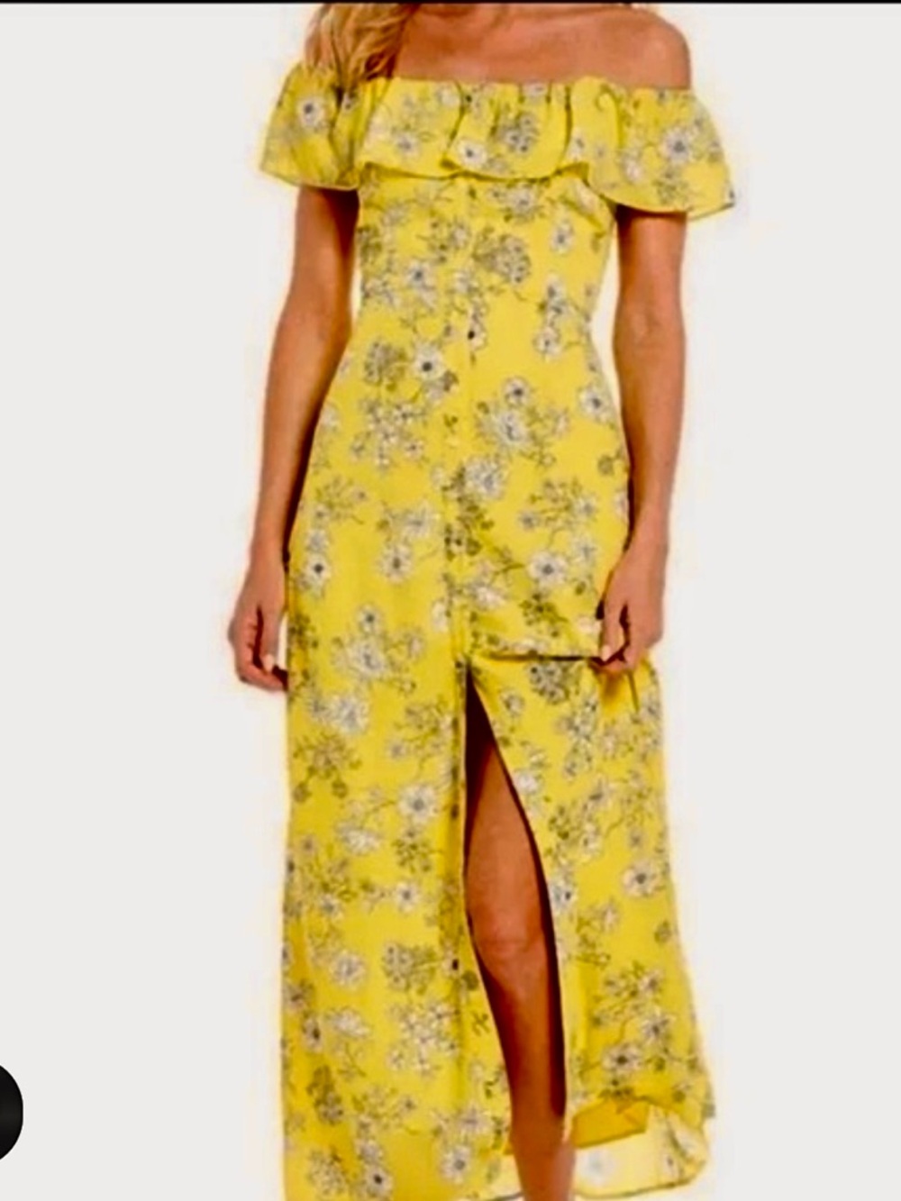 Gianni Bini Yellow Floral Off-Shoulder Maxi Dress with Front Slit Sz S